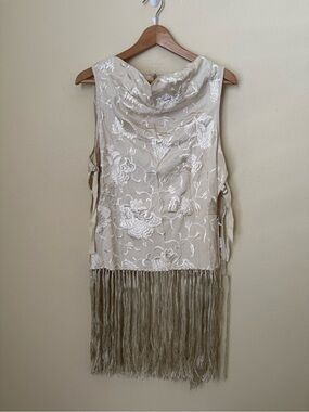 Sea New York Priscilla Embroidery Cowl Neck Fringe Vest Cream Size XL